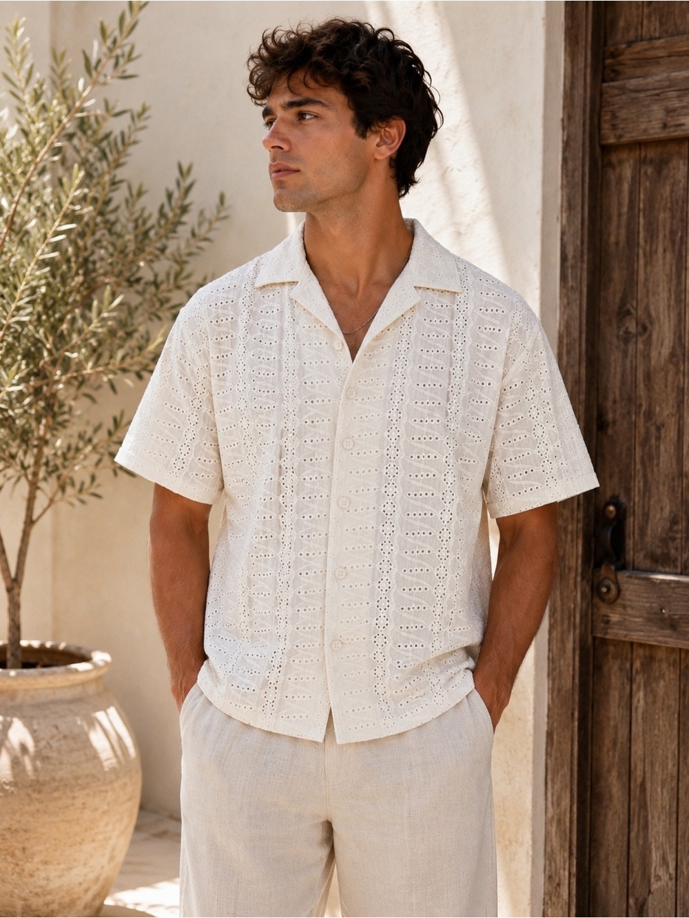 NWT Jason Wu Men’s Cream Eyelet Camp Collar Shirt Medium